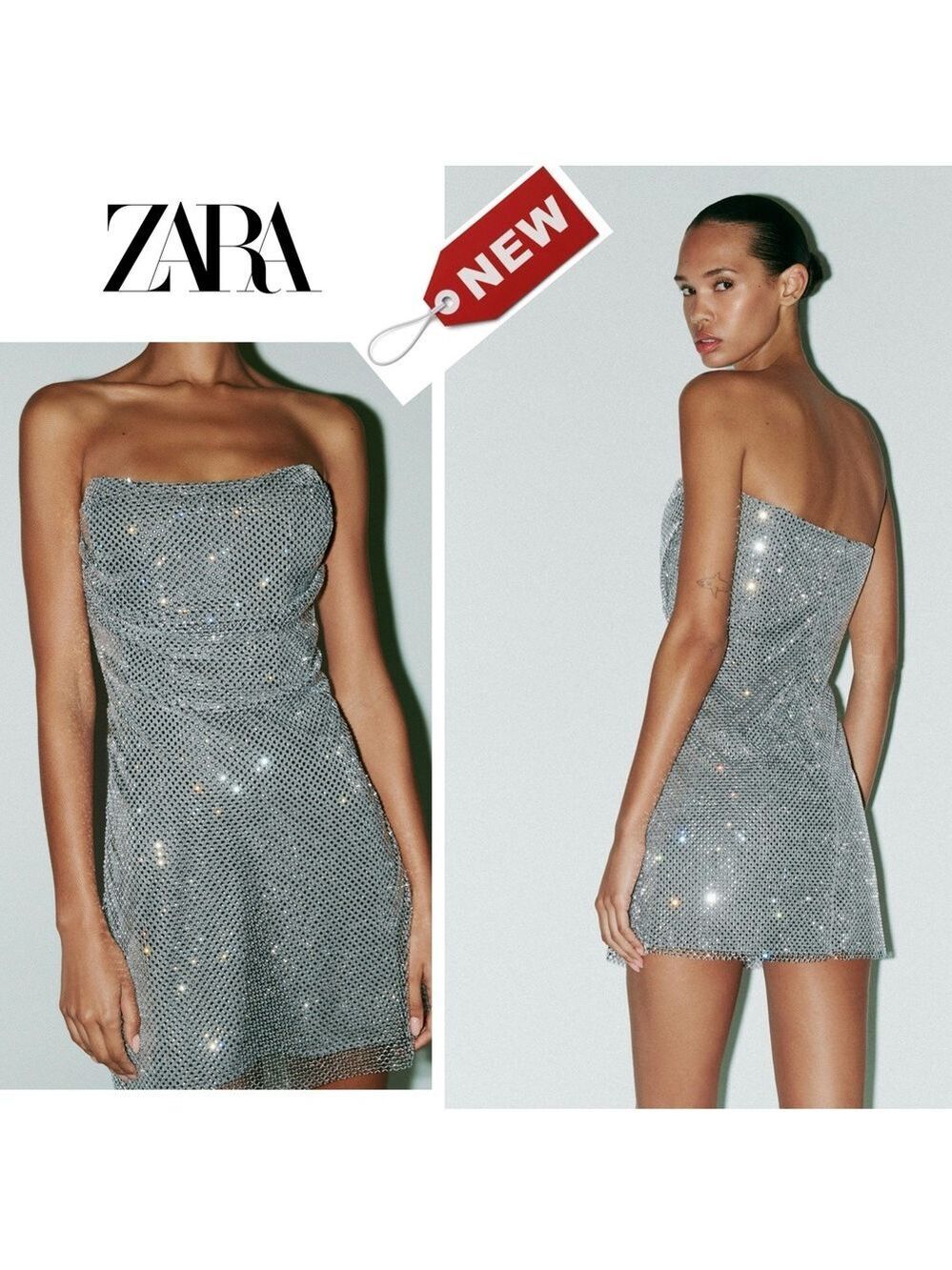 Zara gray silver rhinestone mesh appliqué strapless corset mini dress Sz M NWT